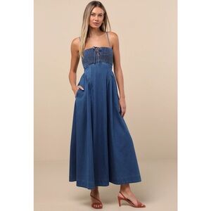Lulus Laylie Medium Wash Denim Lace-Up Smocked Bodice pockets Midi Dress NWT XS